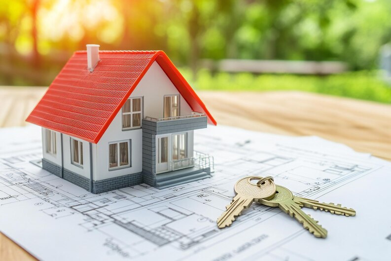 Best real estate agent in Laguna Beach - house model with keys on blueprints.